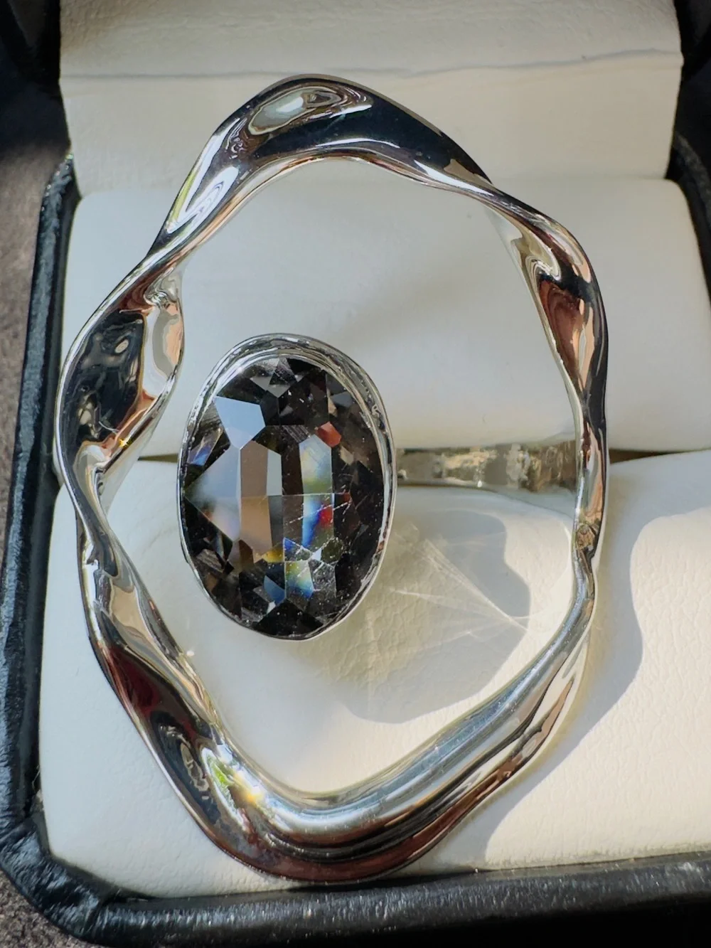 Silver-Tone Statement Ring with Grey Faceted Oval Crystal